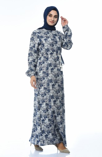 Patterned Cotton Dress Navy Blue 2164-01