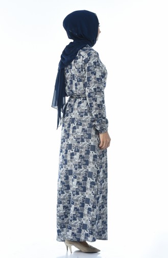 Patterned Cotton Dress Navy Blue 2164-01