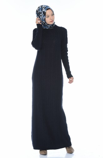 Tricot Knit Pattern Dress Navy Blue 1908-04