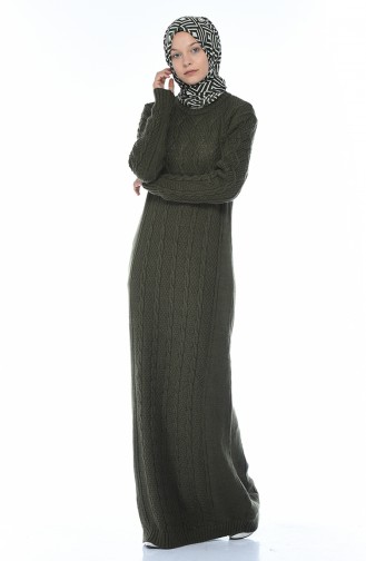 Tricot Knit Pattern Dress Khaki 1908-06