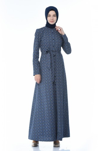 Boydan Düğmeli Pamuklu Elbise 60050-01 Lacivert