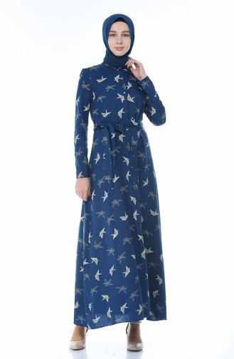 Pamuklu Kuşaklı Elbise 60052-01 Lacivert