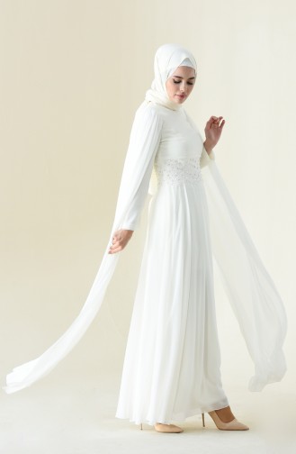 Ecru Hijab Evening Dress 9001-05