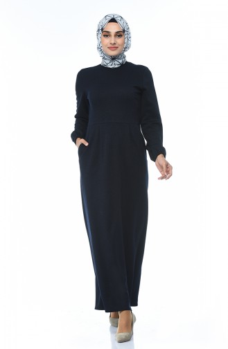 Winter Dress With Elastic Sleeves Big Size Navy Blue 2090-01