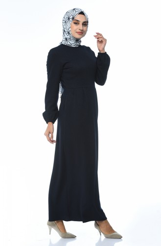 Winter Dress With Elastic Sleeves Big Size Navy Blue 2090-01