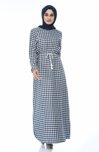Patterned Cotton Dress Navy Blue 2127-01