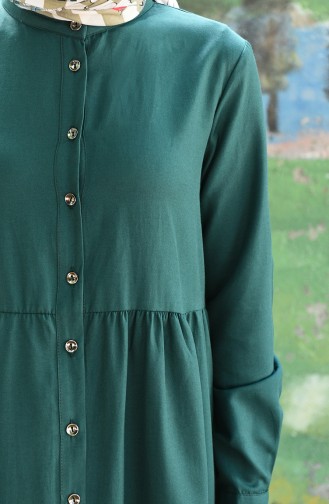 Doğal Kumaş Düğmeli Elbise 5037-03 Zümrüt Yeşili