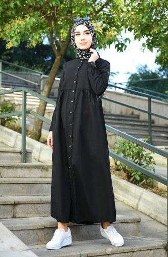 Geknöpftes Kleid aus natürlichem Stoff 3307A-01 Schwarz 3307A-01