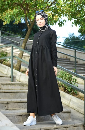 Geknöpftes Kleid aus natürlichem Stoff 3307A-01 Schwarz 3307A-01