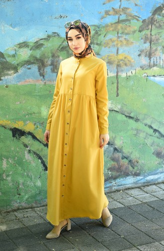 Doğal Kumaş Düğmeli Elbise 5037-11 Sarı