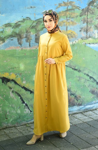 Doğal Kumaş Düğmeli Elbise 5037-11 Sarı 5037-11