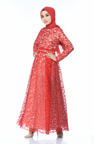 Red Hijab Evening Dress 5040-03