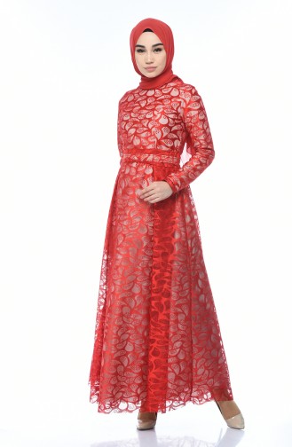 Red Hijab Evening Dress 5040-03