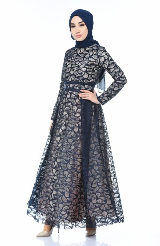 Navy Blue Hijab Evening Dress 5040-07