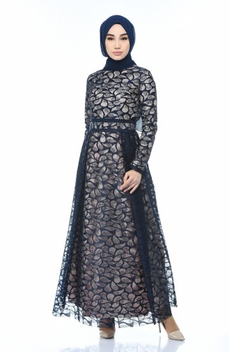 Navy Blue Hijab Evening Dress 5040-07