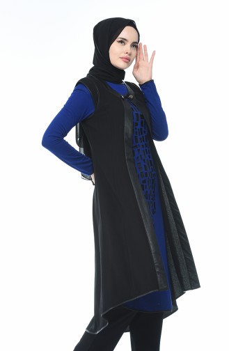 Deri Detaylı Tunik Yelek İkili Takım 7K6707000-01 Siyah Saks