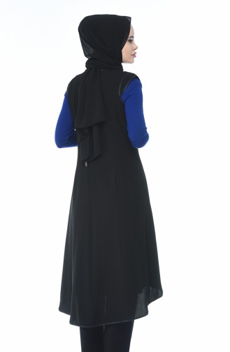 Deri Detaylı Tunik Yelek İkili Takım 7K6707000-01 Siyah Saks