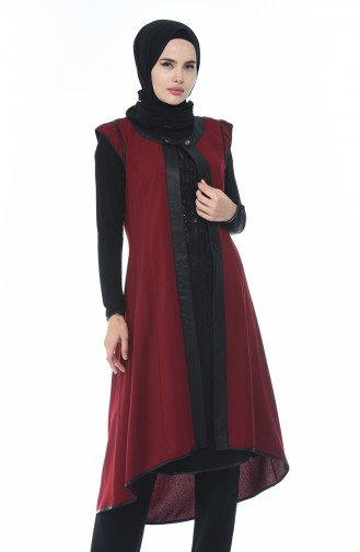 Deri Detaylı Tunik Yelek İkili Takım 7K6707000-03 Bordo Siyah