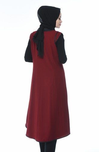 Deri Detaylı Tunik Yelek İkili Takım 7K6707000-03 Bordo Siyah