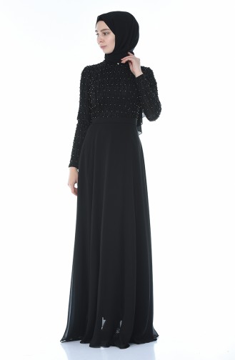 فستان سهرة مزين باللؤلؤ أسود 3150-01