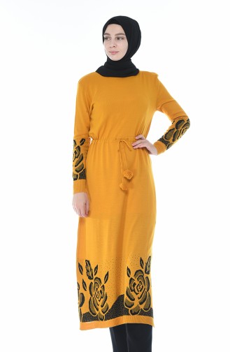 Tricot Waist Pleated Long Tunic Mustard color 2576-05