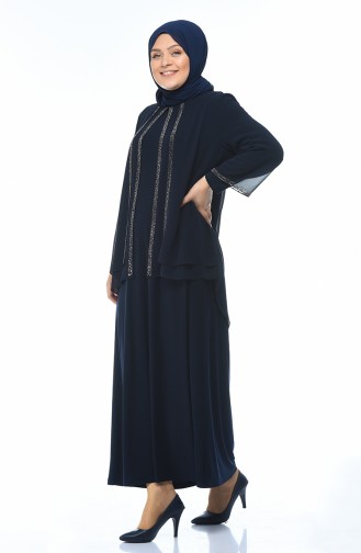 Navy Blue Hijab Evening Dress 3149-02