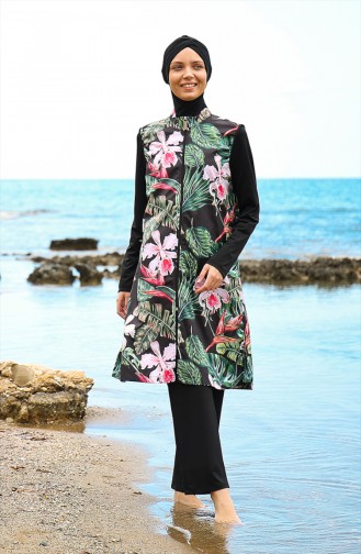Patterned Hijab Swimwear Black 1996-01