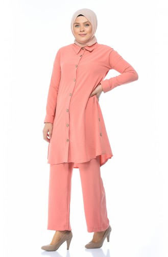 Button Detailed Tunic Trousers Double Suit 0040-05 Salmon 0040-05