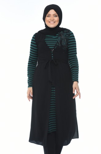 Striped Tunic Vest Double Set Black Emerald Green 7K6711200-01