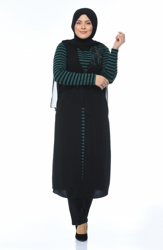 Striped Tunic Vest Double Set Black Emerald Green 7K6711200-01