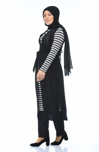 Striped Tunic Vest Double Set Black Beige 7K6711200-02