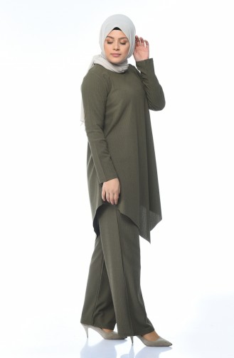 Big Size Asymmetrical Tunic Pants Double Set Khaki 1094-01