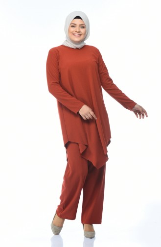 Big Size Asymmetrical Tunic Pants Double Set Brick Color 1094-02