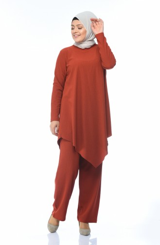 Big Size Asymmetrical Tunic Pants Double Set Brick Color 1094-02