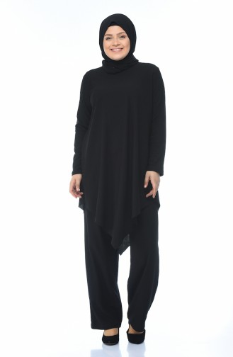 Big Size Asymmetrical Tunic Pants Double Set Black 1094-05