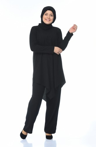 Big Size Asymmetrical Tunic Pants Double Set Black 1094-05