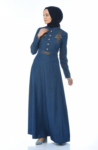 Embroidered Denim Dress Navy Blue 88571-01