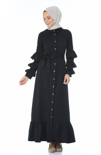 Boydan Düğmeli Büzgülü Elbise 5039-07 Siyah