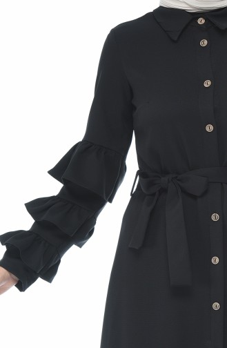 Boydan Düğmeli Büzgülü Elbise 5039-07 Siyah