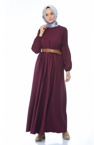 Belted Shirred Dress Dark Burgundy color 1039-02