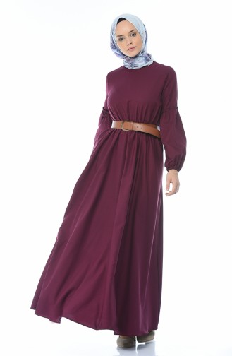 Belted Shirred Dress Dark Burgundy color 1039-02