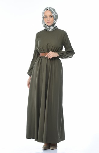 Belted Shirred Dress Khaki 1039-03
