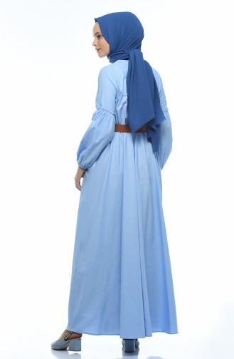 Kemerli Büzgülü Elbise 1039-04 Bebe Mavisi