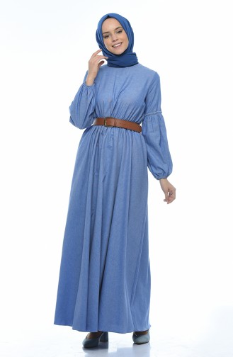 Kemerli Büzgülü Elbise 1039-05 Kot Mavi