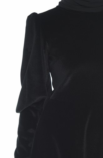 Balon Kol Kadife Elbise 60053-01 Siyah