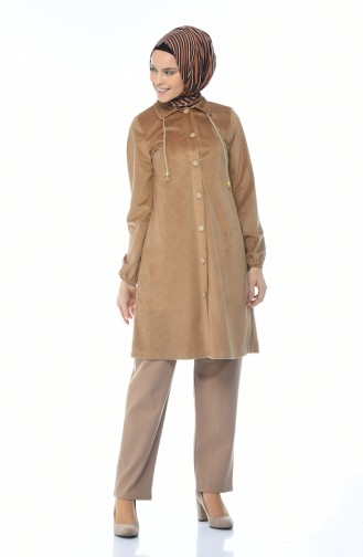 Kadife Düğmeli Tunik 0433-04 Camel