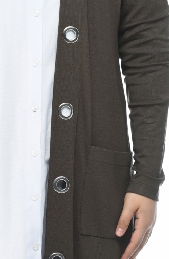 Birds Eye Detail Big Size Long Cardigan Khaki 4028-03