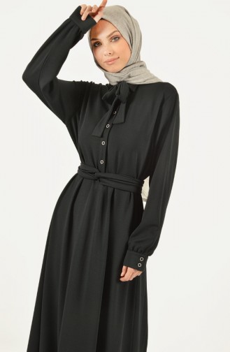 Düğmeli Kuşaklı Elbise 1446-01 Siyah 1446-01