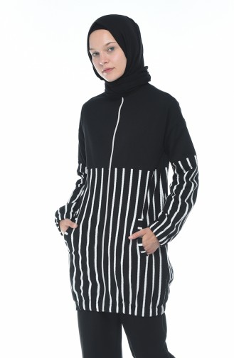 Zippered Striped Sweatshirt Black 1586-01