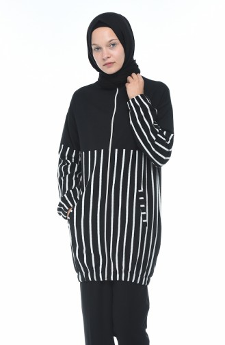 Zippered Striped Sweatshirt Black 1586-01